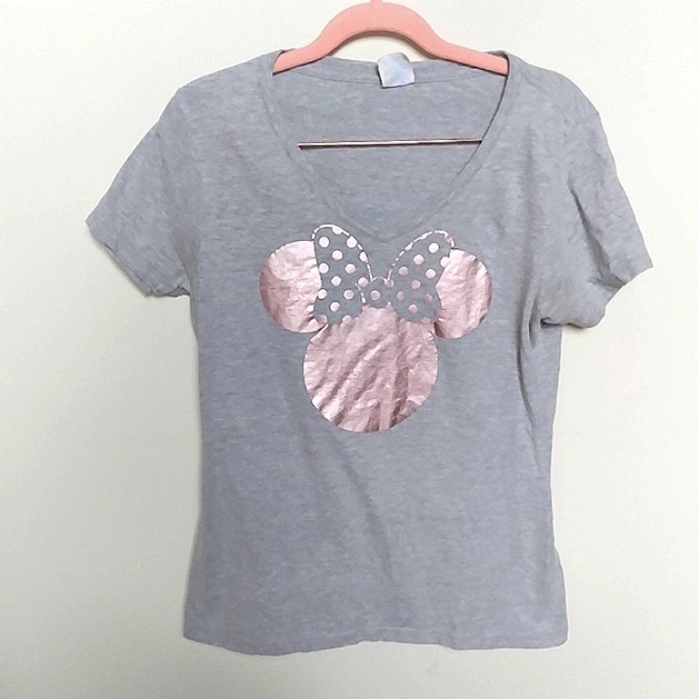 Disney Gray V Neck Short Sleeve Tee with Rose Gold Mouse Ears Graphic Size Small